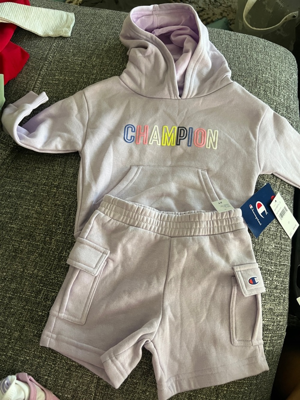 Champion Lavender Hoodie and Shorts Set with Multicolor Logo